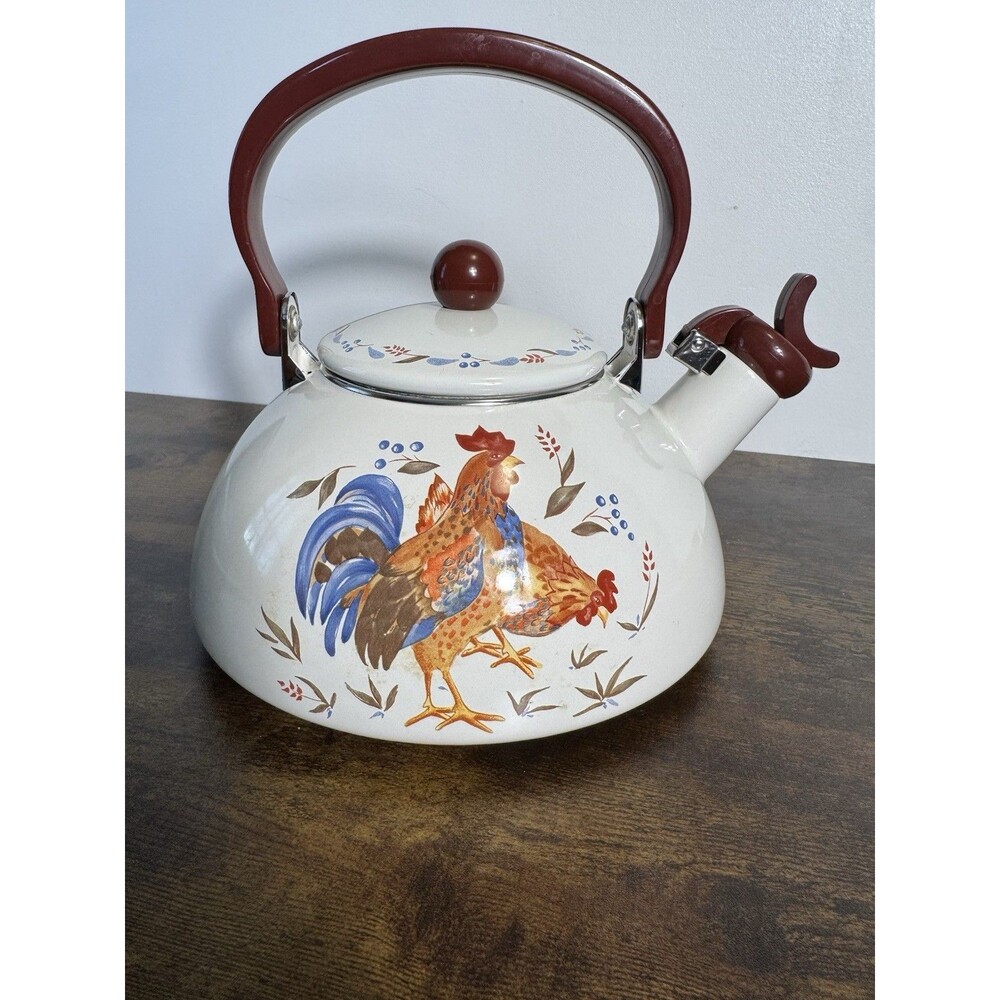 Vintage Rooster Enamel Tea Kettle Farmhouse Kitchen Decor Retro Whistling Pot
